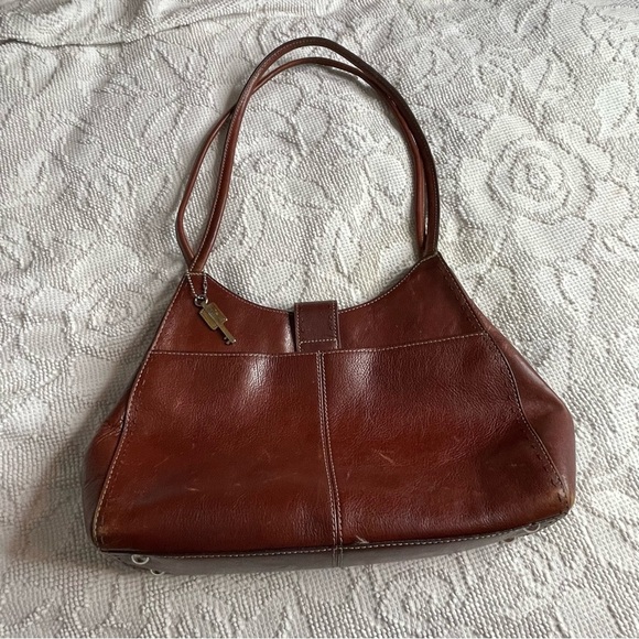 Vintage Fossil Sedona II Italian Cognac/Brown Leather Scoop Purse w/ Feet - Picture 3 of 11